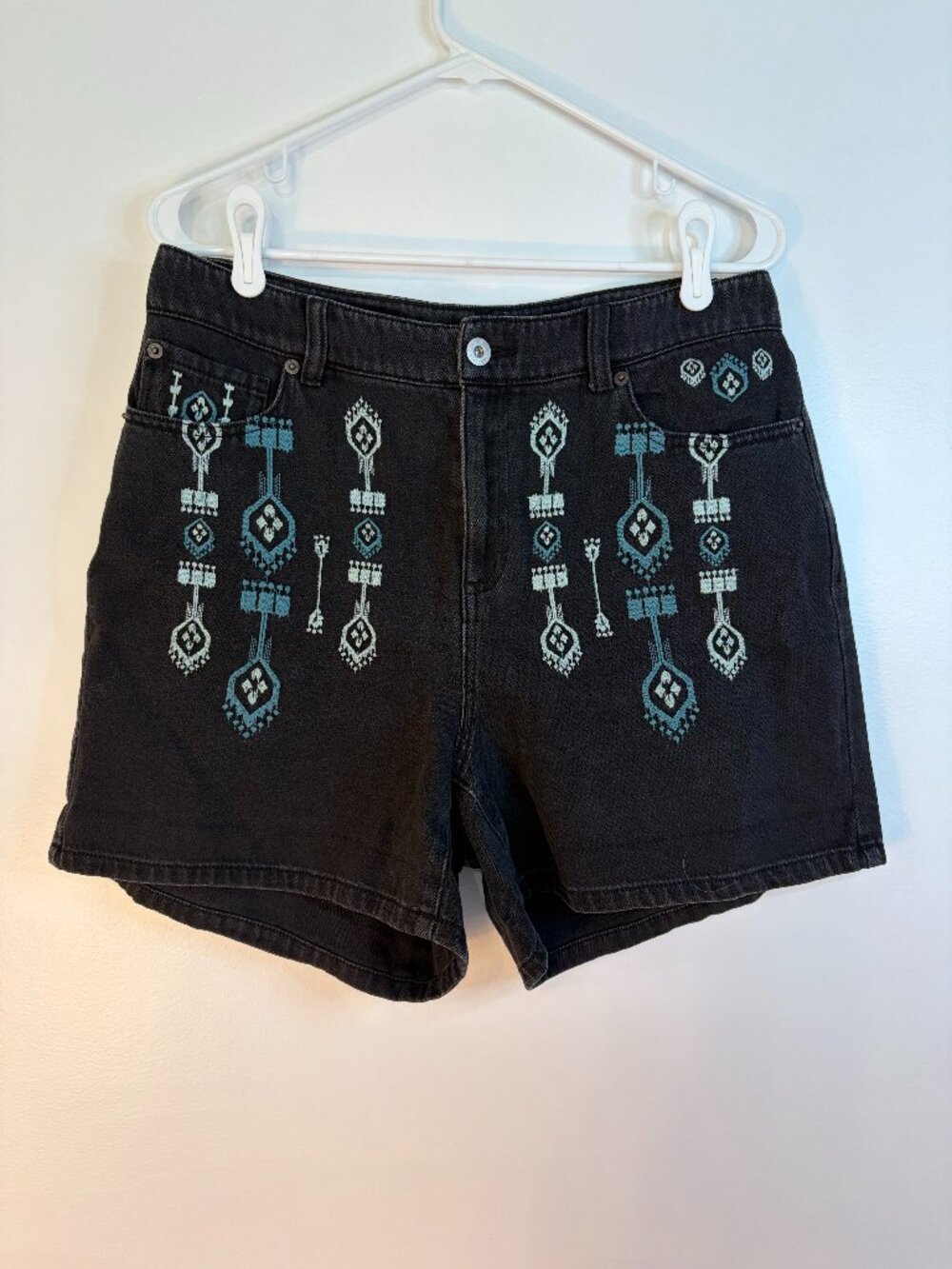 INC Denim Black Embroidered High Rise Cotton Shorts